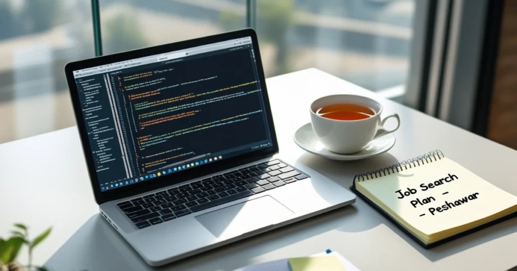 Front end developer workspace setup in Peshawar with code editor, notepad, and job planning essentials for freshers