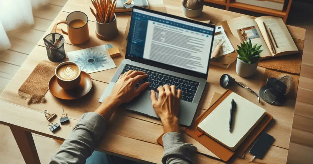Remote content writer working from home in a cozy setup with laptop and coffee.