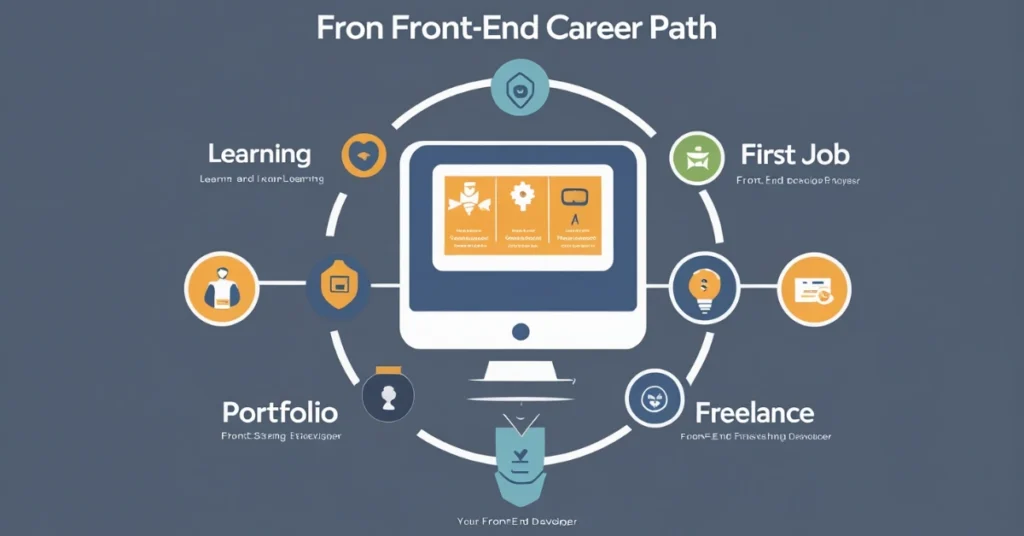 infographic showing front end developer career growth path for beginners in Peshawar from learning to full-time job